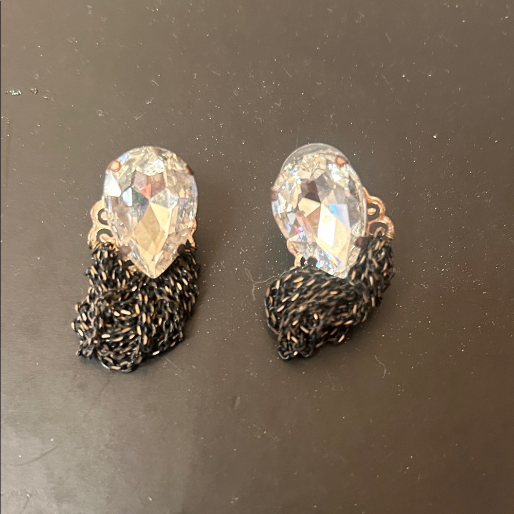 Elegant Crystal Teardrop Earrings with Black Chain